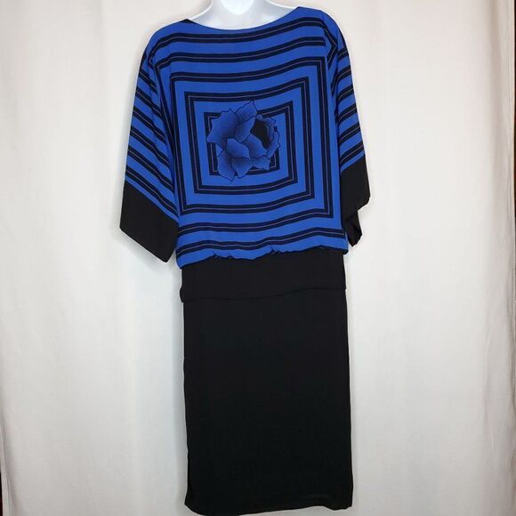 Vintage 80s Waisted Dress Sz 7/8 Blue Black Color Block Floral Rose Geometric - Picture 2 of 5